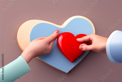 Helping hand of heart donor for patient in heart disease. Man give red heart to woman as couple. People lifestyle and couple romance. Healthcare and hospital medical concept. Symbolic of Valentine