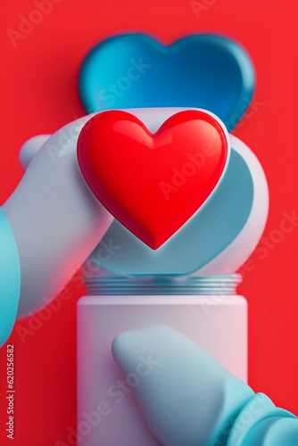 Helping hand of heart donor for patient in heart disease. Man give red heart to woman as couple. People lifestyle and couple romance. Healthcare and hospital medical concept. Symbolic of Valentine