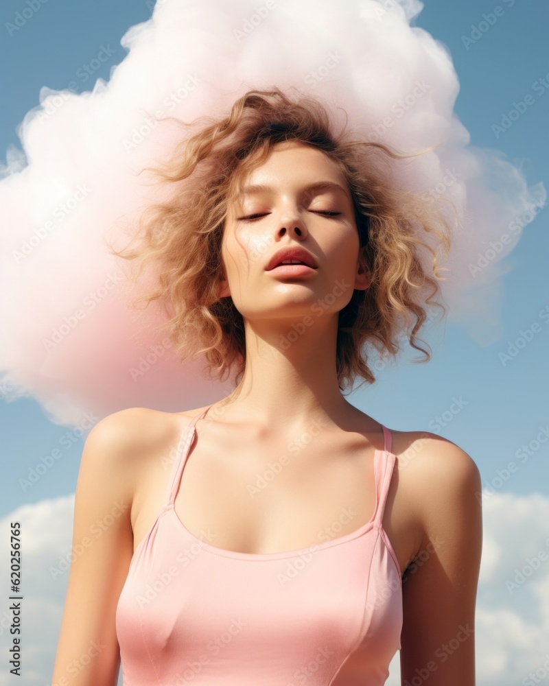A surreal portrait of a woman with dreamy pastel-hued hair adorned by a cloud of pink, evoking a feeling of whimsical beauty and connection with the wild world A surreal portrait of a woman with dreamy pastel-hued hair adorned by a cloud of pink, evoking a feeling of whimsical beauty and connection with the wild world