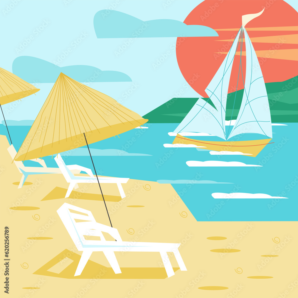 Fototapeta premium Summer poster or banner backdrop with beach seascape, flat vector illustration. Summer season background with seashore view.