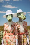 Two women wearing surreal, pastel-hued dresses and whimsical animal dinosaur hats stand in dreamy portrait, inviting viewers into an ethereal world