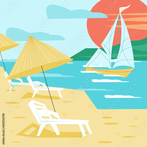 Summer poster or banner backdrop with beach seascape  flat vector illustration. Summer season background with seashore view.