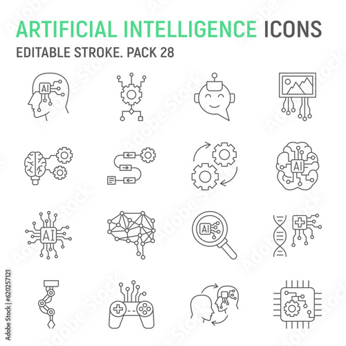 Artificial intelligence line icon set, technology collection, AI vector graphics, logo illustrations, solving vector icons, artificial intelligence concept signs, outline pictograms, editable stroke