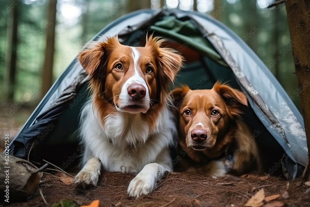 Two Adorable Dogs Relaxing Inside a Cozy Tent Set Amidst the Tranquil Beauty of a Lush Forest