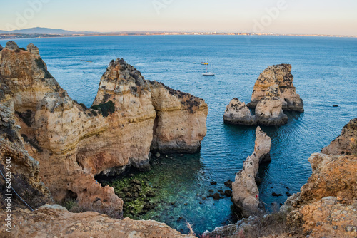 Rock formations in aerial view and clear blue sea at Ponta da Piedade, Lagos - Algarve PORTUGAL