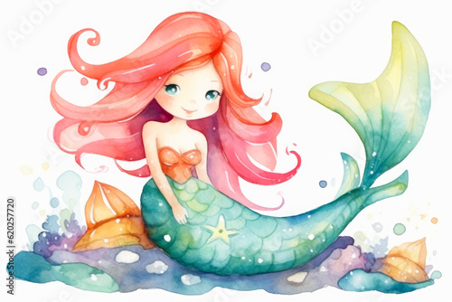 Cartoon character Mermaid, cute girl, illustration isolated on white background, watercolor style.