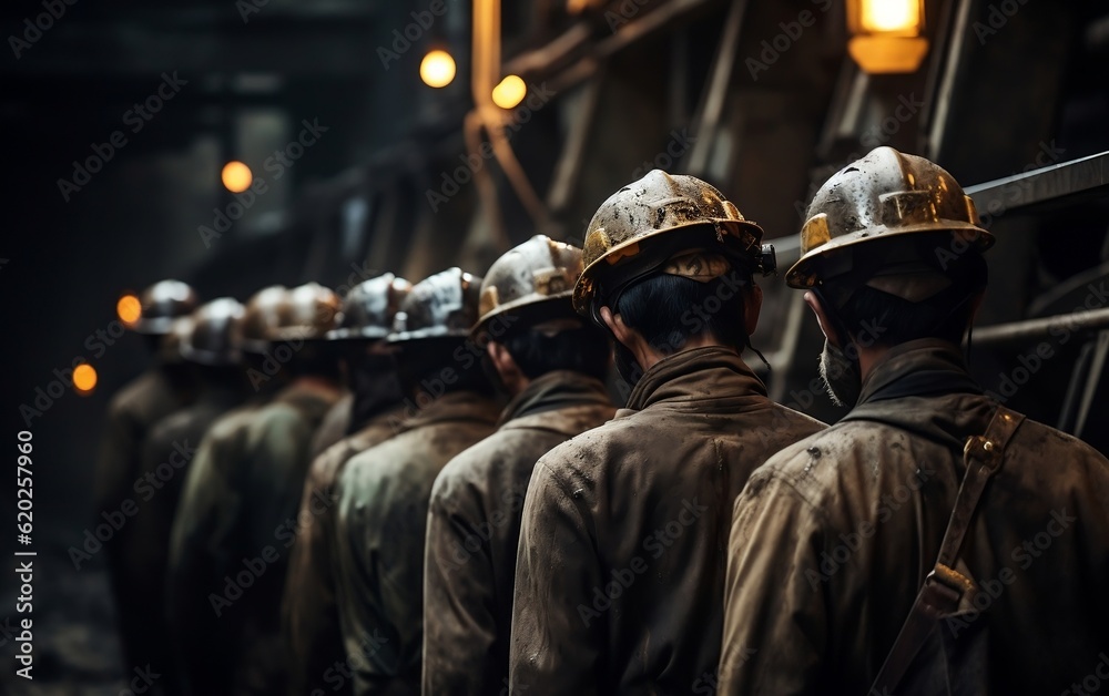 A group of labor wearing hard hats standing next to each other. AI