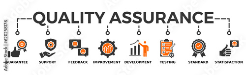 Quality assurance web icon vector illustration concept with icon of guarantee, support, feedback, improvement, development, testing, standard, satisfaction