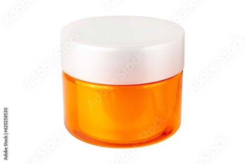 Orange plastic jar for cream isolated on white background.