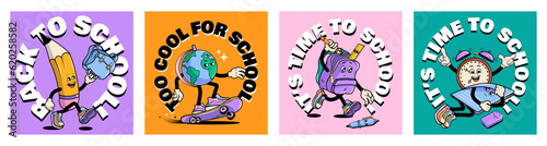 Back to school vector poster set  with walking funny cute comic characters. Lettering illustration for t-shirt print. Too cool for school, educational creativity supplies. Vector illustration.