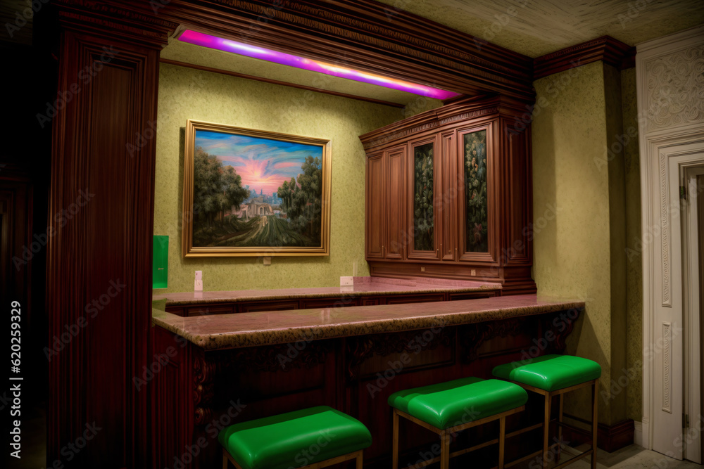 Fototapeta premium A Painting On A Wall Above A Bar With Stools