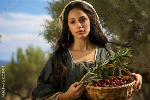 A young Greek woman with a basket of olive harvests. AI generated.
