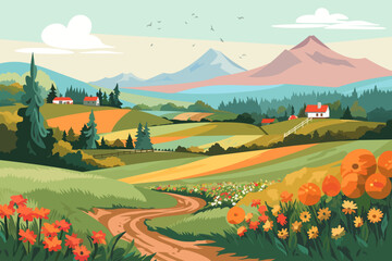 Leinwandbilder Pistache Beautiful rural landscape of mountains, fields, meadows, flower field, forest and sweet home. Landscape in early autumn.  © LoveSan
