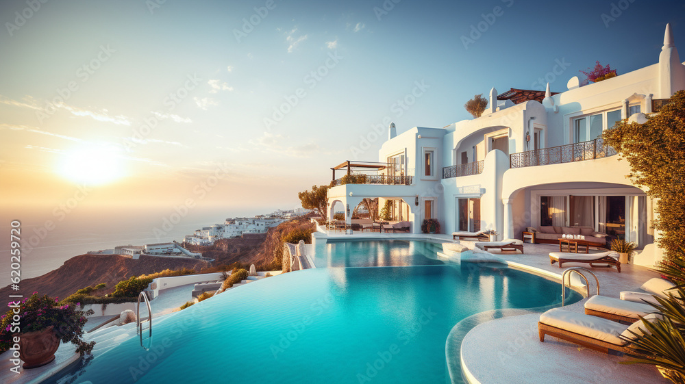 Fototapeta premium Classic white villa on the island of Santorini with a large pool and sea views. AI generated.