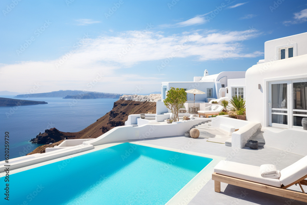 Fototapeta premium Classic white villa on the island of Santorini with a large pool and sea views. AI generated.