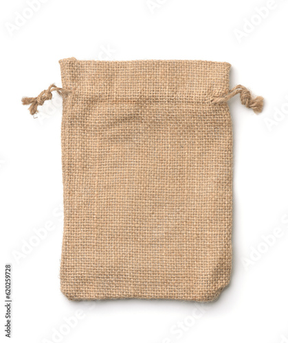 Top view of empty rough burlap drawstring bag