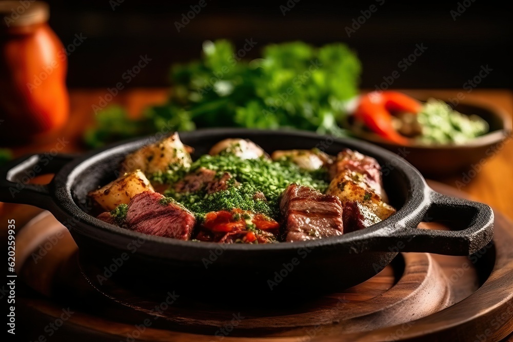 Brazilian Churrasco with chimi, sizzling plate (Ai generated) Brazilian Churrasco with chimi, sizzling plate (Ai generated)
