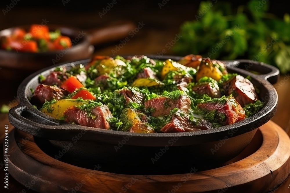 Brazilian Churrasco with chimi, sizzling plate (Ai generated) Brazilian Churrasco with chimi, sizzling plate (Ai generated)