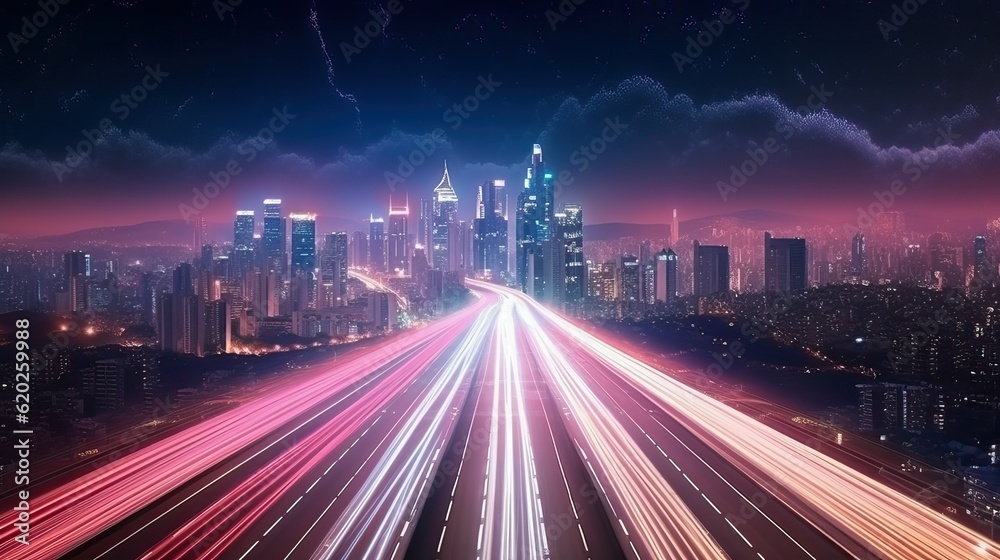 Traffic in the city at night, Skyline road to city, Abstract light background (Ai generated)