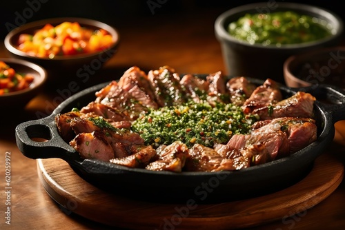 Brazilian Churrasco with chimi, sizzling plate (Ai generated)
