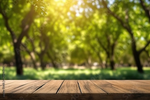 Spring summer beautiful nature background with wooden floor (Ai generated)