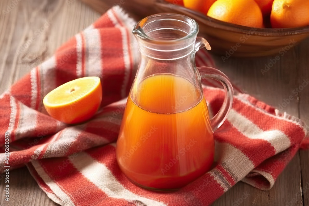 Orange juice with red towel, summer drink (Ai generated)