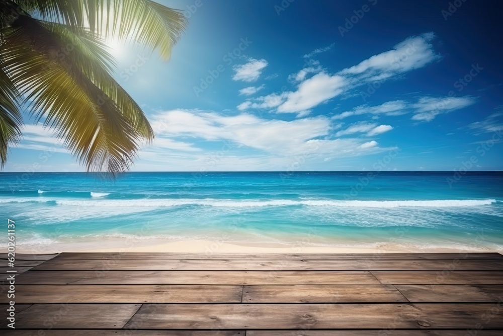 Summer tropical sea with wave and palm leaf, wooden floor for background (Ai generated)