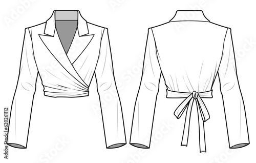 Cross Over Back Tie Crop Blazer, Wrap Crop Blazer  Front and Back View. Fashion Flat Sketch Vector Illustration, CAD, Technical Drawing, Flat Drawing, Template, Mockup.