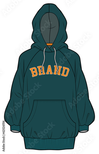 Oversize Hoodie, Hoodie Dress Fashion Flat Sketch Vector Illustration, CAD, Technical Drawing, Flat Drawing, Template, Mockup.
