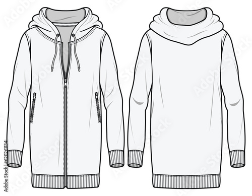 Front Zip Hoodie Sweatshirt Dress Front and Back View. Fashion Flat Sketch Vector Illustration, CAD, Technical Drawing, Flat Drawing, Template, Mockup.