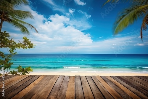 Summer tropical sea with wave and palm leaf, wooden floor for background (Ai generated) © thesweetsheep