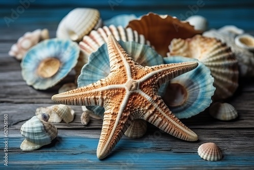 Sea shell and starfish, Summer time concept (Ai generated)
