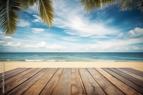 Summer tropical sea with wave and palm leaf, wooden floor for background (Ai generated) © thesweetsheep