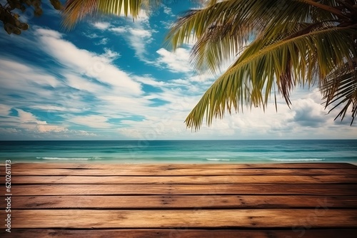 Summer tropical sea with wave and palm leaf  wooden floor for background  Ai generated 