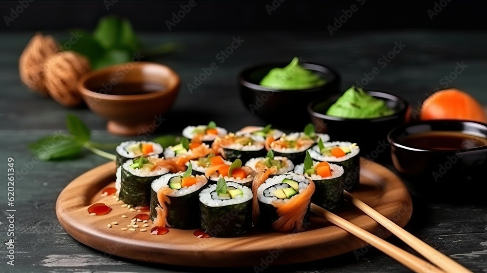 Sushi roll with soy sauce and wasabi (Ai generated) Sushi roll with soy sauce and wasabi (Ai generated)