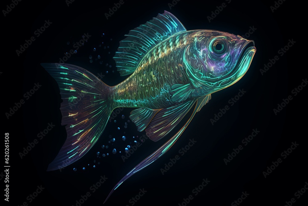 Fantasy Glowing bioluminescent fish isolated on black background. Emitting lure, illuminating the dark abyss