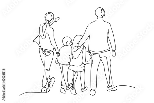 continuous line vector illustration design of one family is walking