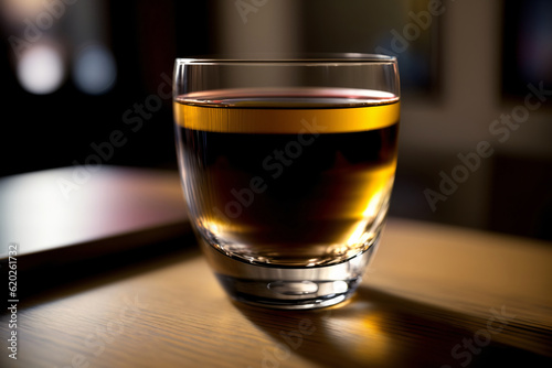 A Glass Filled With Liquid Sitting On Top Of A Wooden Table