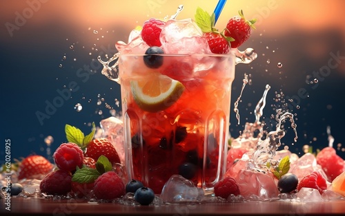 A glass filled with ice, strawberries, and blueberries. AI