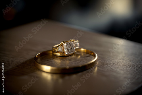 A Couple Of Rings Sitting On Top Of A Wooden Table