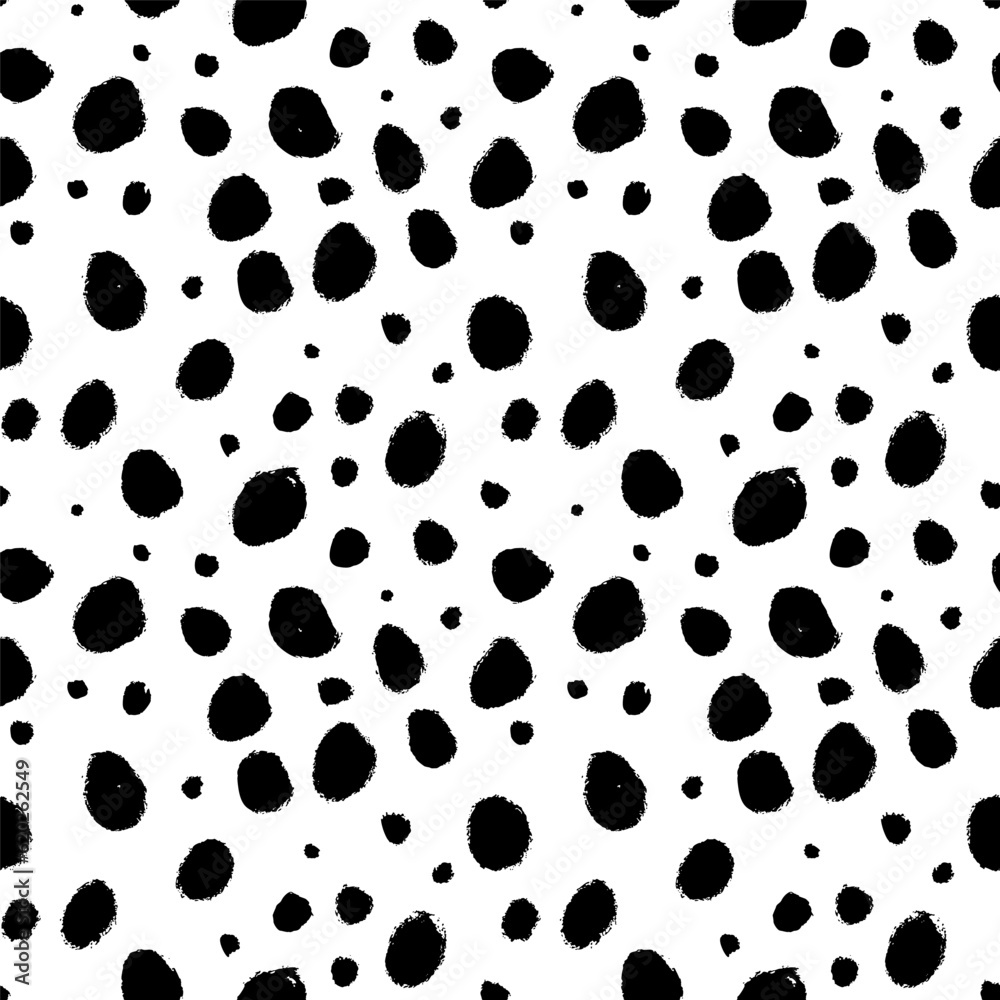 Fototapeta premium Grunge spots hand drawn vector seamless pattern. Blobs and blotches background. Irregular organic dots and blots ornament. Cheetah spots black print. Seamless pattern with scattered round dots.