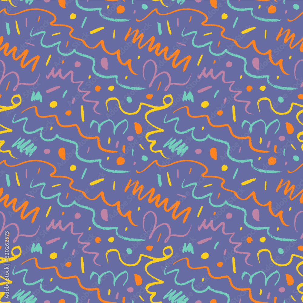 Fototapeta premium Colorful fun squiggle line doodle seamless pattern on bright background. Multi colored childish charcoal or crayon drawing. Abstract squiggle style background for kids with curved lines and dots.