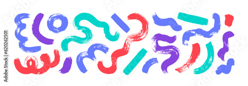 Collection multi colored squiggle bold lines and brush drawn doodles. Hand drawn abctract organic color shapes. Childish scribble lines, organic irregular circular vector strokes. Abstract elements.