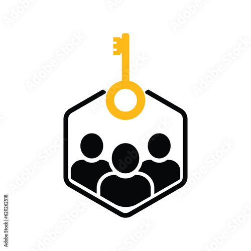 simple people with key like teamwork success. cartoon flat trend modern advice logotype graphic design element isolated on white background. concept of abstract consulting badge or achievement
