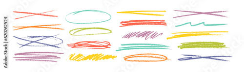Collection multi colored charcoal strikethrough lines and thin ovals. Set of different doodle underlines, colorful round shapes. Horizontal hand drawn marker stripes. Pencil or pen drawn lines.