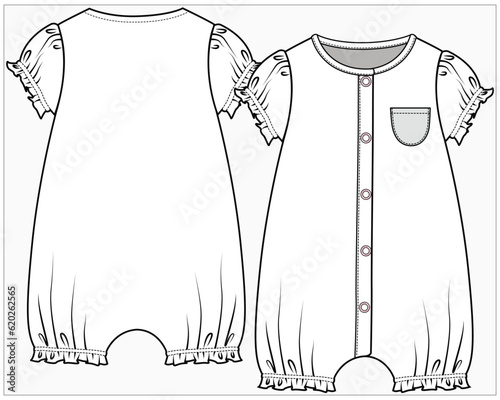 PUFF SLEEVES DETAIL ONESIE BODYDUIT PLAYSUIT WITH POCKET DETAIL DESIGNED FOR TODDLER GIRL AND BABY GIRLS IN EDITABLE VECTOR