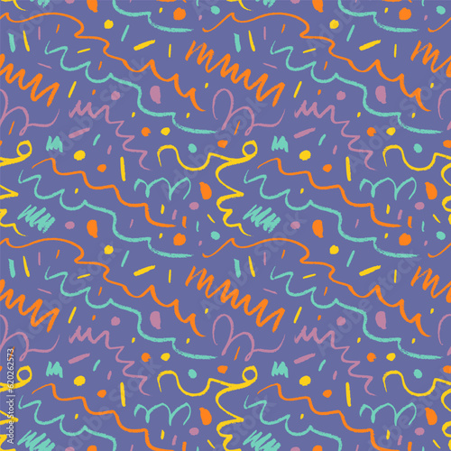 Colorful fun squiggle line doodle seamless pattern on bright background. Multi colored childish charcoal or crayon drawing. Abstract squiggle style background for kids with curved lines and dots.