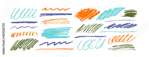 Multi colored charcoal pencil curly lines and squiggles. Scribble brush strokes vector set. Handdrawn colorful marker lines with rough edges. Grunge smears and strikethrough set. Pencil sketch drawing