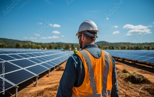 A man walking down a dirt road next to rows of solar panels. Ai