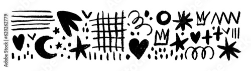 Collection fun doodle shapes drawn with charcoal or chalk. Hand drawn childish style figures: crowns, grid, dots, squiggles and stars. Set of marker scribbles, curved lines and different fairy shapes.